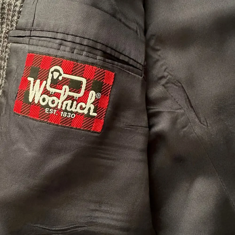 Woolrich Wool Houndstooth Plaid‎ Two Button Grey Black Blazer 43 L